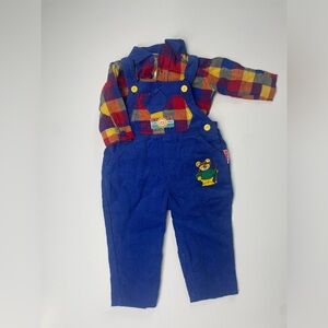 Vintage Fisher-Price Blue and Plaid Kids cotton Overalls w/ flannel 0-6 months